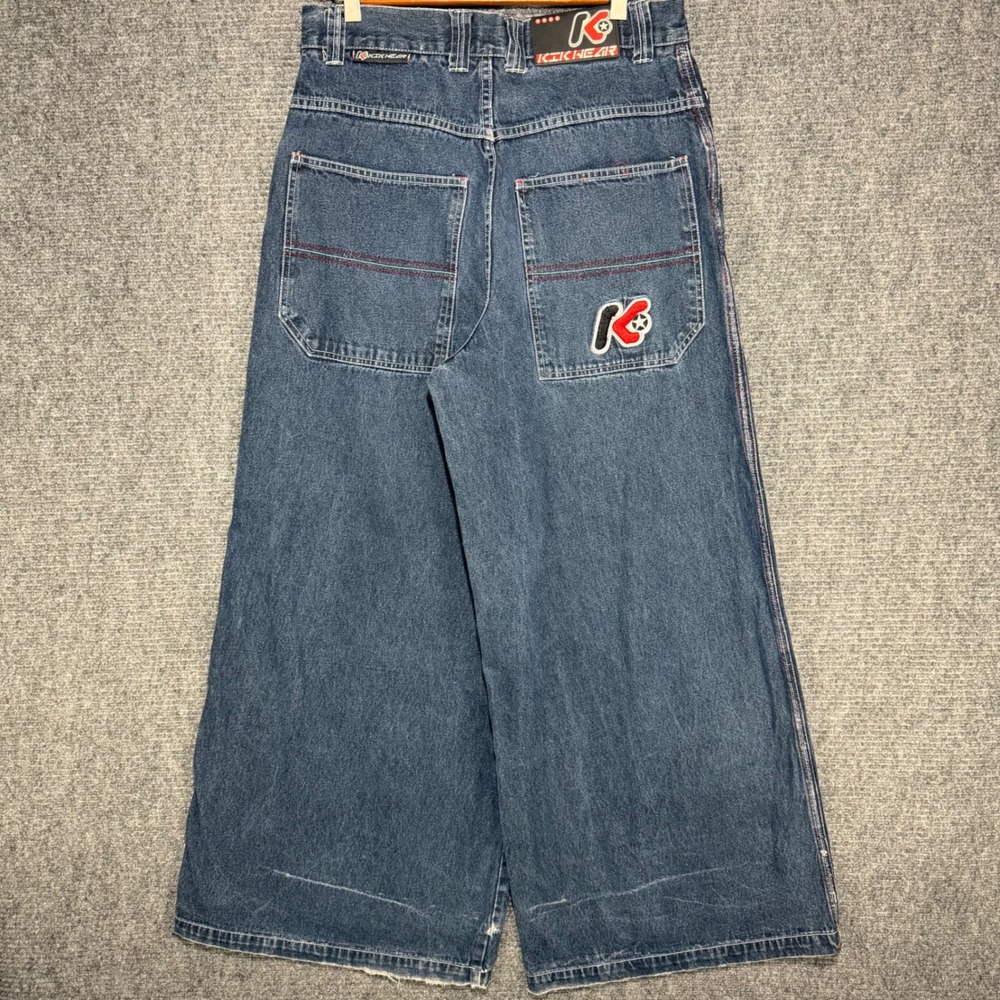 VTG Kik Wear Baggy Denim Jeans Blue Wide Leg Rave Skate 31x30 14.75 Leg Opening